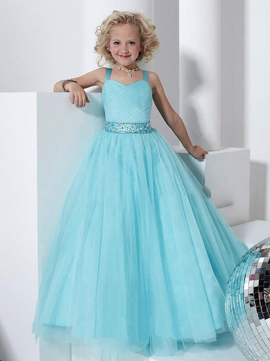 Floor-Length Gown Straps Crystal Tulle Ball Sleeveless Flower Girl Dresses