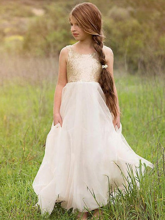Scoop Sleeveless Sequin Floor-Length Tulle A-Line/Princess Flower Girl Dresses