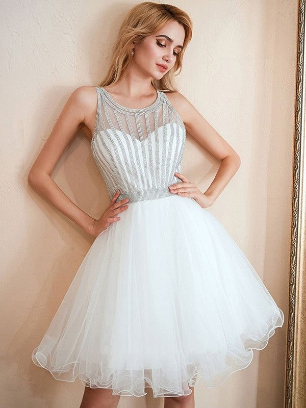Tulle A-Line/Princess Sleeveless Scoop Beading Short/Mini Homecoming Dresses