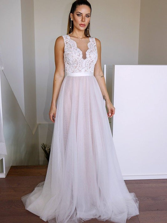 Scoop Sweep/Brush Tulle Lace Sleeveless A-Line/Princess Train Wedding Dresses