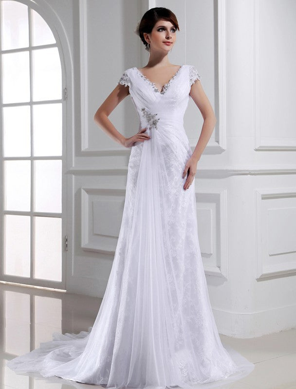 Sleeveless Long A-Line/Princess Beading V-neck Tulle Wedding Dresses