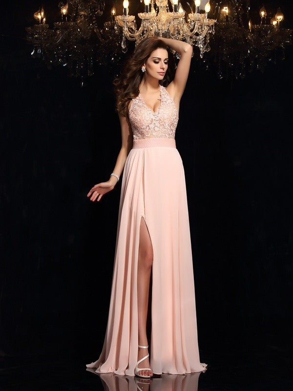 Halter Sleeveless Lace A-Line/Princess Long Chiffon Dresses