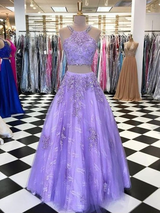 A-Line/Princess Tulle Halter Beading Sleeveless Floor-Length Two Piece Dresses