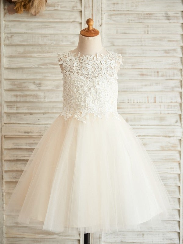 A-Line/Princess Lace Scoop Knee-Length Sleeveless Tulle Flower Girl Dresses