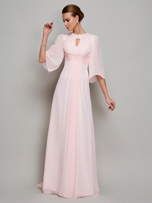 Beading Mother of A-Line/Princess Neck Chiffon High Long Sleeves 1/2 the Bride Dresses