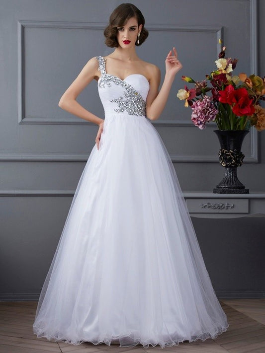 One-Shoulder Gown Beading Long Sleeveless Elastic Ball Woven Satin Quinceanera Dresses