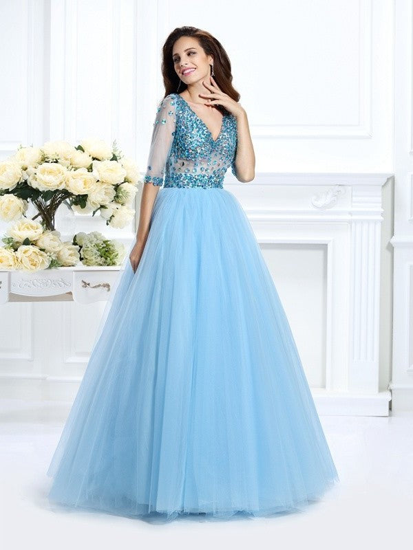 V-neck Beading Gown Ball Sleeves Long 1/2 Satin Quinceanera Dresses
