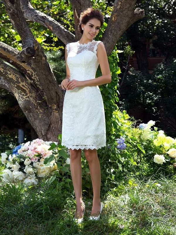 Sheer A-Line/Princess Applique Neck Short Sleeveless Satin Wedding Dresses