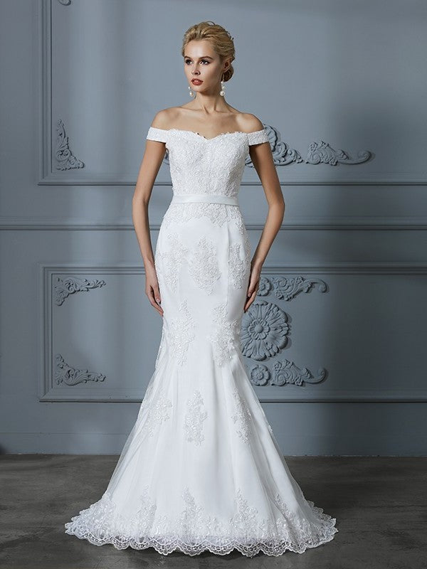 Sleeveless Sweep/Brush Train Off-the-Shoulder Lace Trumpet/Mermaid Tulle Wedding Dresses