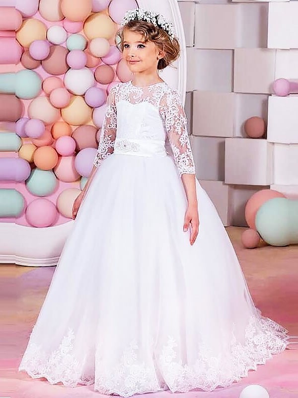 Gown Sweep/Brush Train Ball Lace 1/2 Jewel Tulle Sleeves Flower Girl Dresses