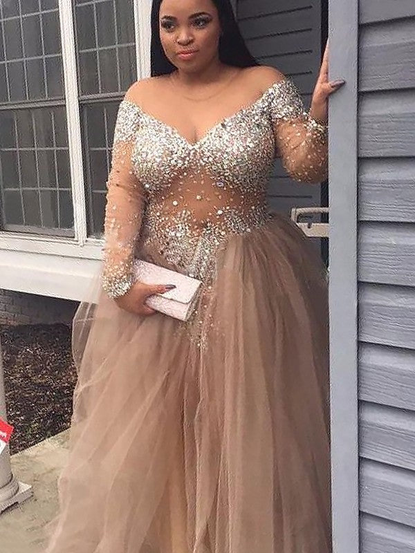 Long Ball Sleeves Off-the-Shoulder Sequin Gown Tulle Floor-Length Dresses