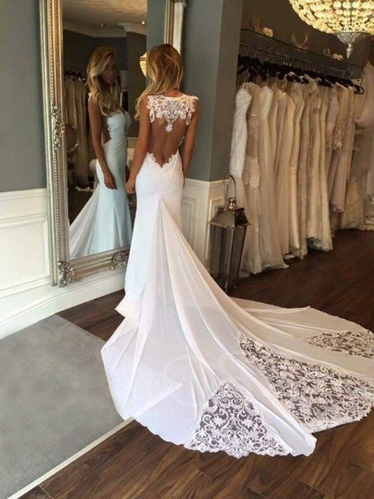 Sweetheart Cathedral Sleeveless Trumpet/Mermaid Train Applique Lace Wedding Dresses