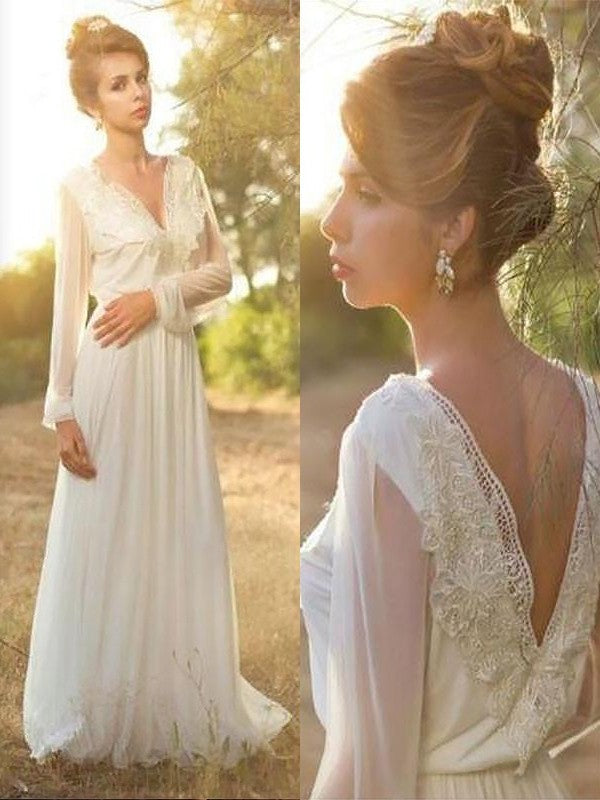 Long V-neck Lace Chiffon A-Line/Princess Sleeves Sweep/Brush Train Wedding Dresses