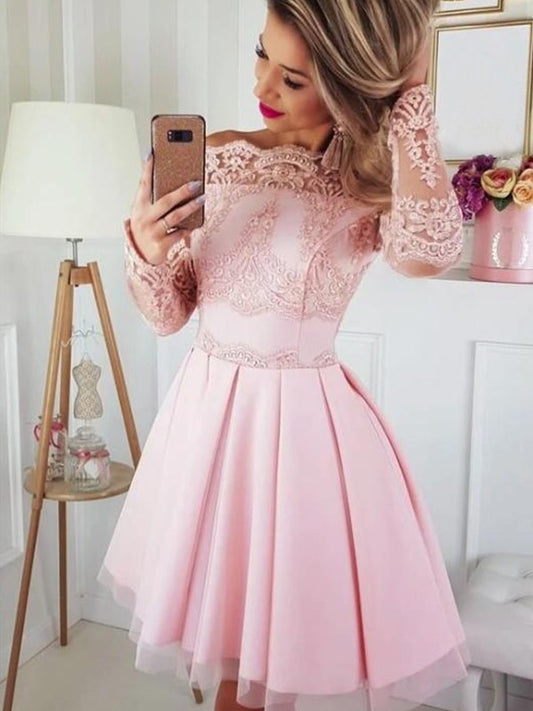 Long Lace Satin Off-the-Shoulder A-Line/Princess Sleeves Short/Mini Homecoming Dresses