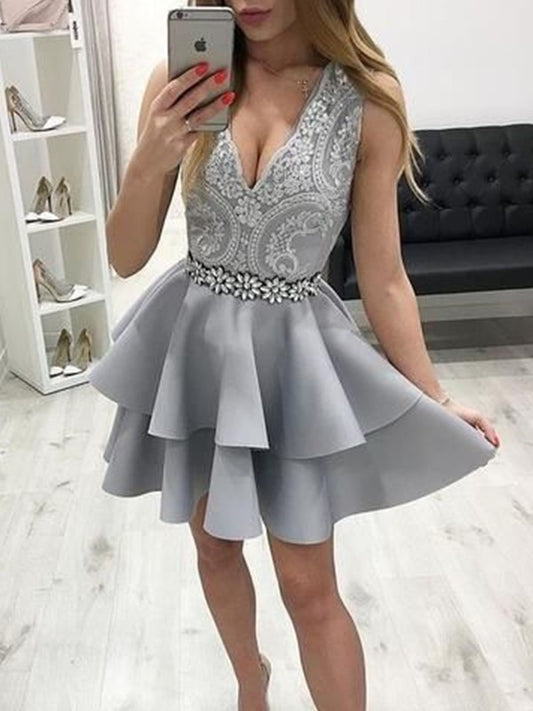 Sleeveless A-Line/Princess Applique V-neck Satin Short/Mini Homecoming Dress