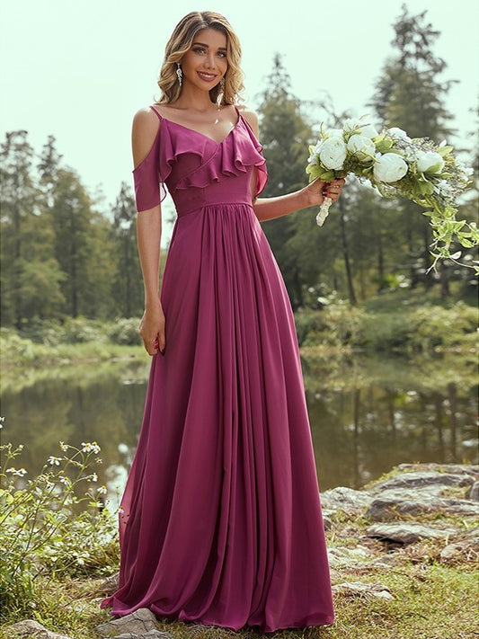 Chiffon Ruffles Sleeveless A-Line/Princess V-neck Floor-Length Bridesmaid Dresses