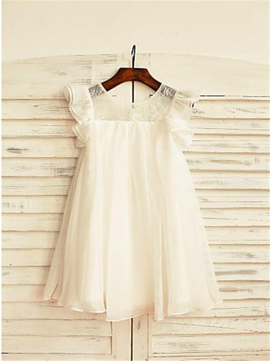 Chiffon Lace A-line/Princess Tea-Length Sleeves Scoop Short Flower Girl Dresses