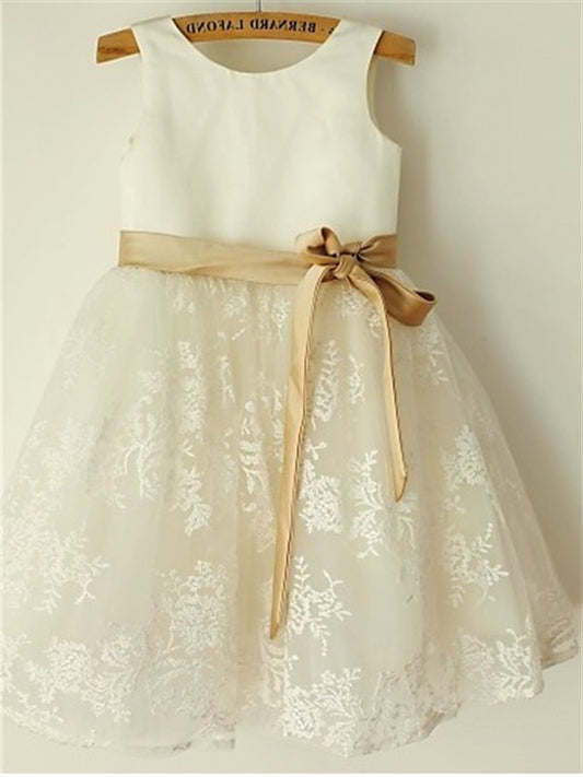 Scoop Lace Bowknot Tea-Length A-line/Princess Sleeveless Flower Girl Dresses