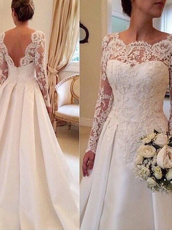 Train Court Ball Scoop Gown Long Sleeves Lace Satin Wedding Dresses