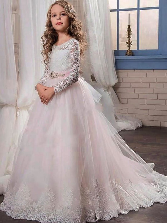 Gown Tulle Jewel Ball Lace Long Train Sleeves Sweep/Brush Flower Girl Dresses