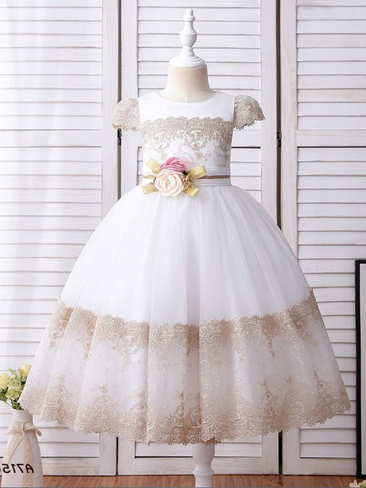 Gown Short Flower Scoop Hand-Made Ball Ankle-Length Lace Sleeves Flower Girl Dresses