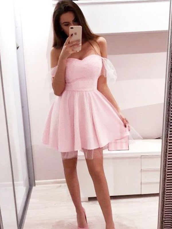 Off-the-Shoulder Tulle Sleeves A-Line/Princess Short Ruffles Short/Mini Homecoming Dresses