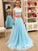 A-Line/Princess Beading Floor-Length Scoop Tulle Sleeveless Two Piece Dresses