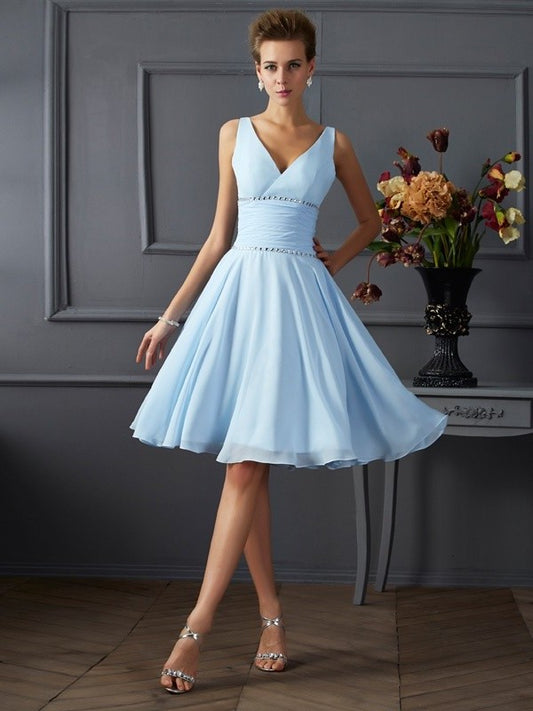 Pleats Short V-neck Sleeveless A-Line/Princess Chiffon Bridesmaid Dresses