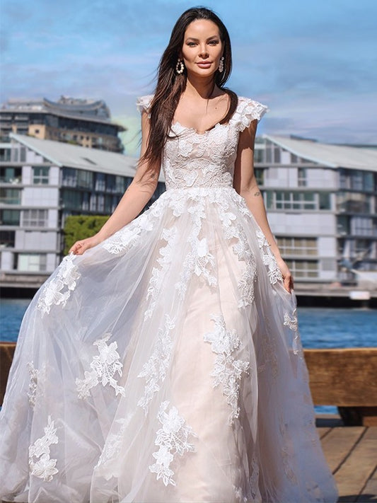 Sleeveless Applique Off-the-Shoulder Tulle Sweep/Brush A-Line/Princess Train Wedding Dresses