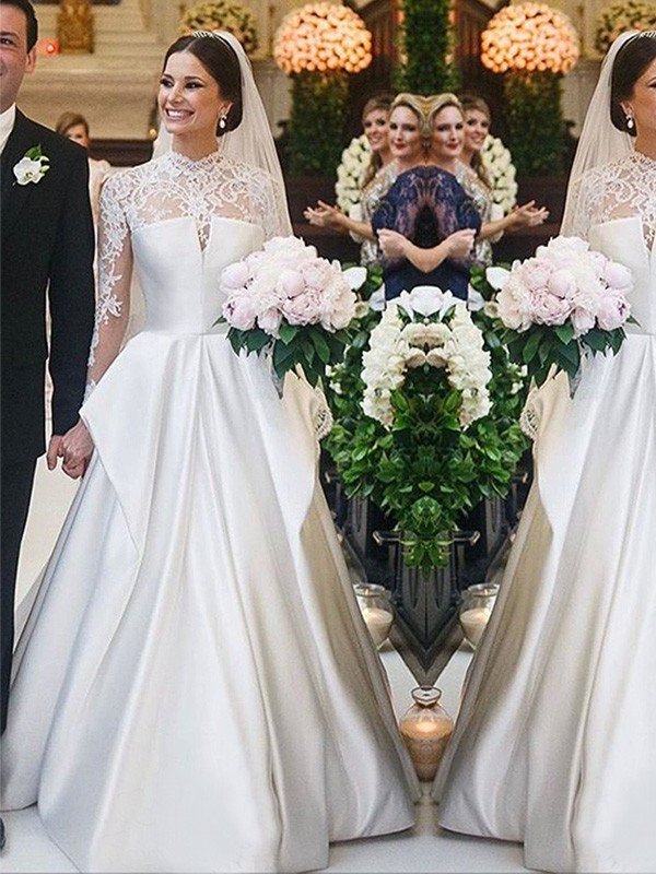 High Neck Sleeves A-Line/Princess Satin Long Lace Floor-Length Wedding Dresses