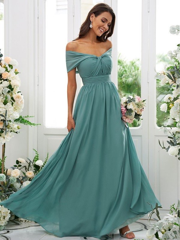 Off-the-Shoulder Chiffon A-Line/Princess Sleeveless Ruched Floor-Length Bridesmaid Dresses