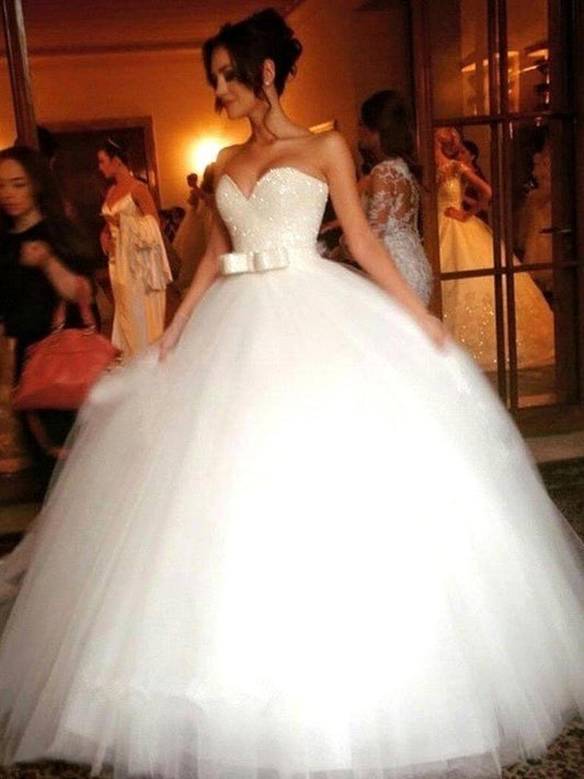 Tulle Ball Gown Bowknot Sweetheart Sleeveless Floor-Length Wedding Dresses
