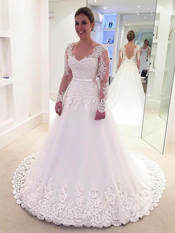 Long Lace Sleeves Applique V-neck Sweep/Brush A-Line/Princess Tulle Train Wedding Dresses