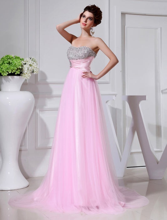 Woven A-Line/Princess Beading Elastic Sleeveless Satin Tulle Dresses