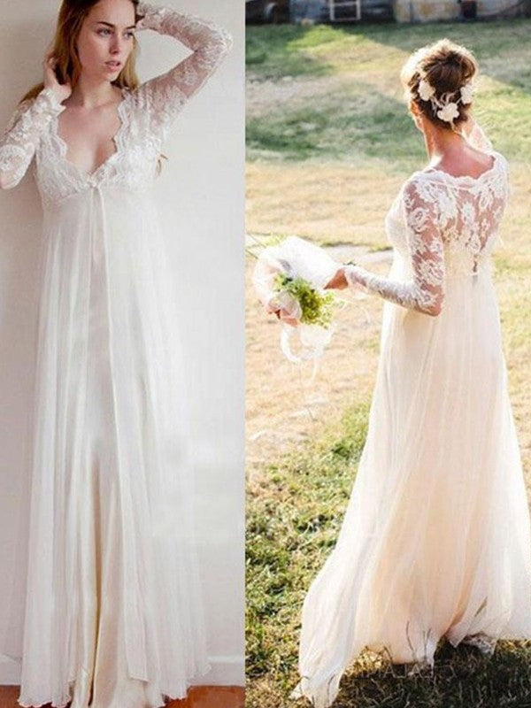Floor-Length long Empire Lace Sleeves V-neck Chiffon Wedding Dresses