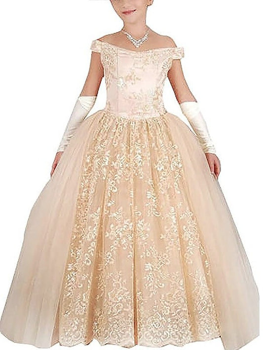 Floor-Length Applique Ball Off-the-Shoulder Sleeveless Tulle Gown Flower Girl Dresses