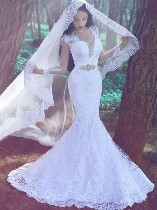 Court Long Lace Sweetheart Trumpet/Mermaid Applique Sleeves Train Wedding Dresses