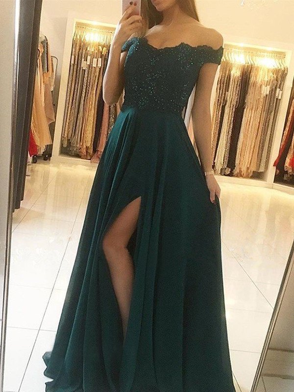 A-Line/Princess Sleeveless Floor-Length Off-the-Shoulder Beading Chiffon Dresses
