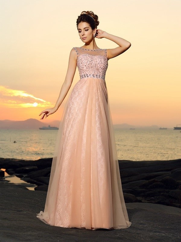 Bateau Sleeveless A-Line/Princess Lace Long Chiffon Dresses