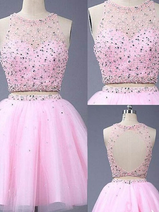 Short/Mini A-Line/Princess Sleeveless Beading Scoop Tulle Two Piece Dresses