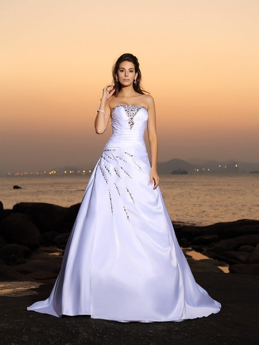 Strapless Beading Satin A-Line/Princess Long Sleeveless Beach Wedding Dresses