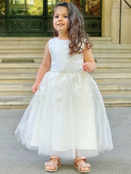 Lace Sleeveless Scoop Ankle-Length Tulle A-Line/Princess Flower Girl Dresses