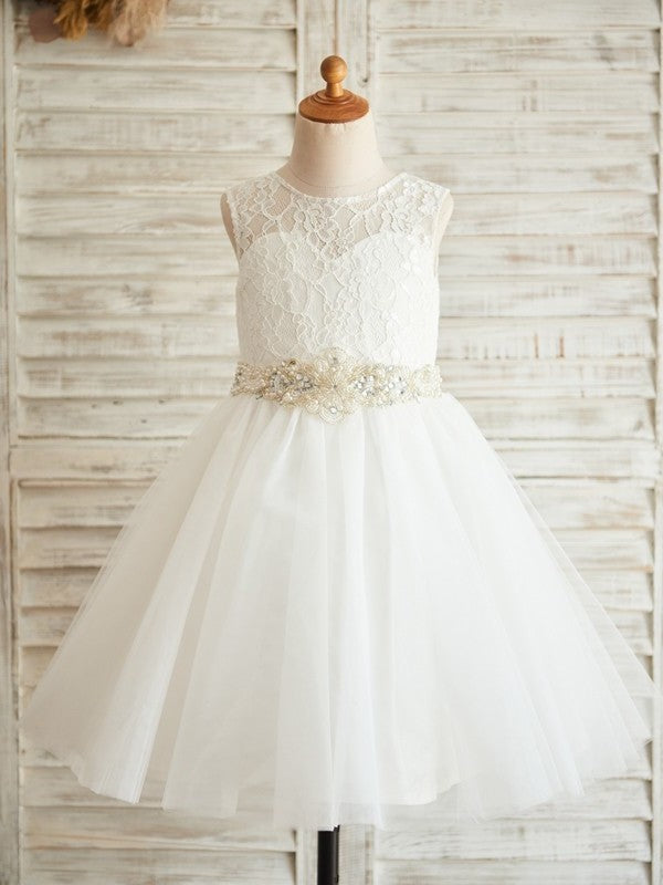 Tulle Lace Scoop Knee-Length A-Line/Princess Sleeveless Flower Girl Dresses