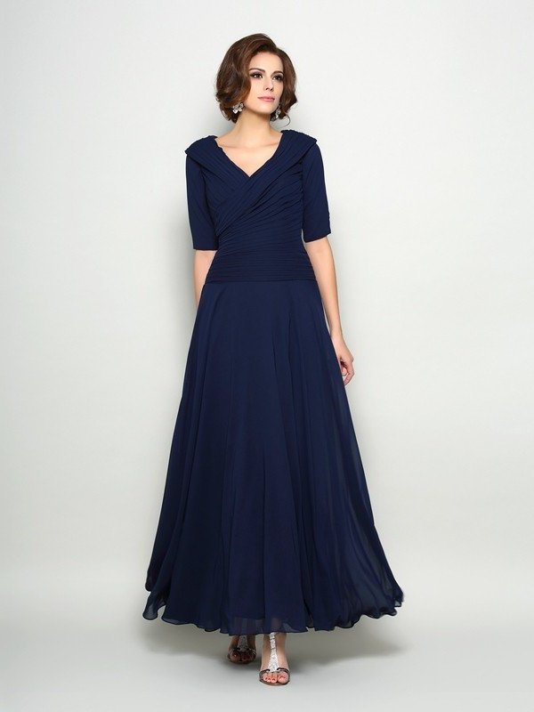 Long A-Line/Princess Sleeves Chiffon of 1/2 V-neck Mother the Bride Dresses