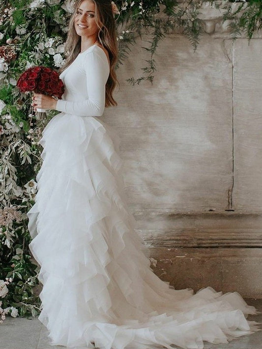 Ruffles Tulle A-Line/Princess Long Sweep/Brush Scoop Sleeves Train Wedding Dresses