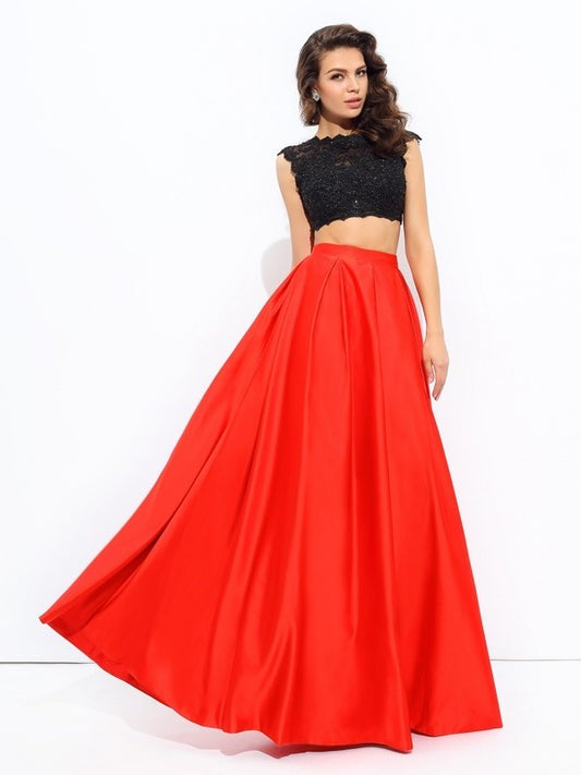 A-line/Princess Scoop Lace Sleeveless Long Satin Two Piece Dresses