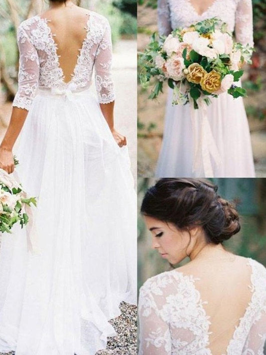 1/2 A-Line/Princess Lace Applique V-neck Floor-Length Sleeves Chiffon Wedding Dresses