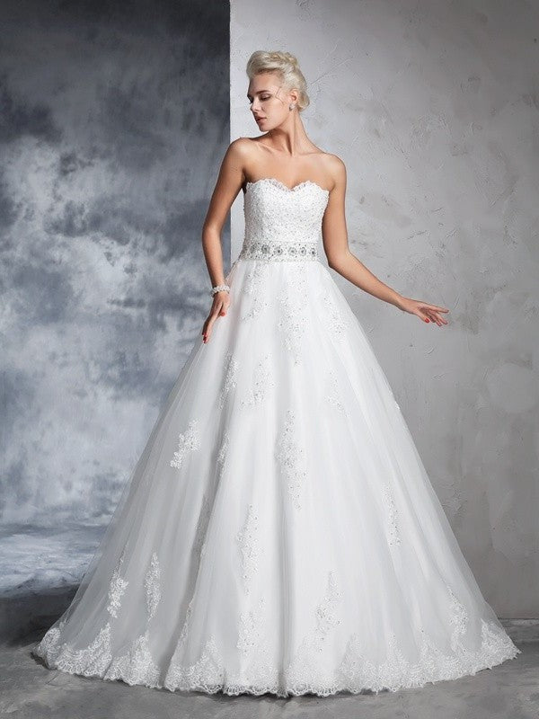 Gown Long Applique Ball Sleeveless Sweetheart Net Wedding Dresses