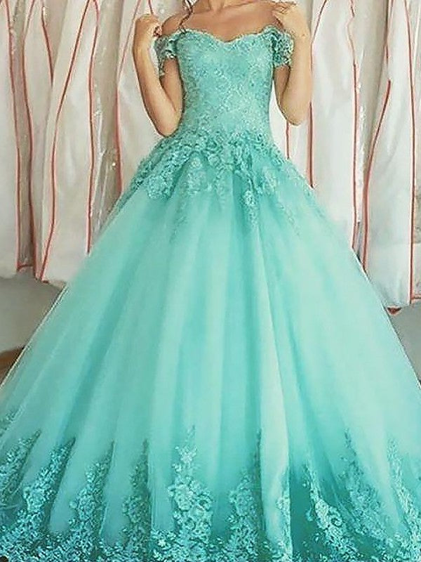 Applique Off-the-Shoulder Gown Ball Sleeveless Floor-Length Tulle Dresses