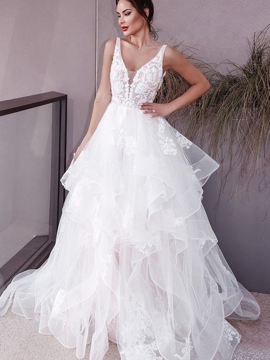 Tulle A-Line/Princess Sleeveless V-neck Sweep/Brush Applique Train Wedding Dresses